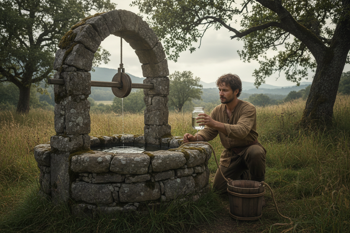 Someone testing water from a stone well